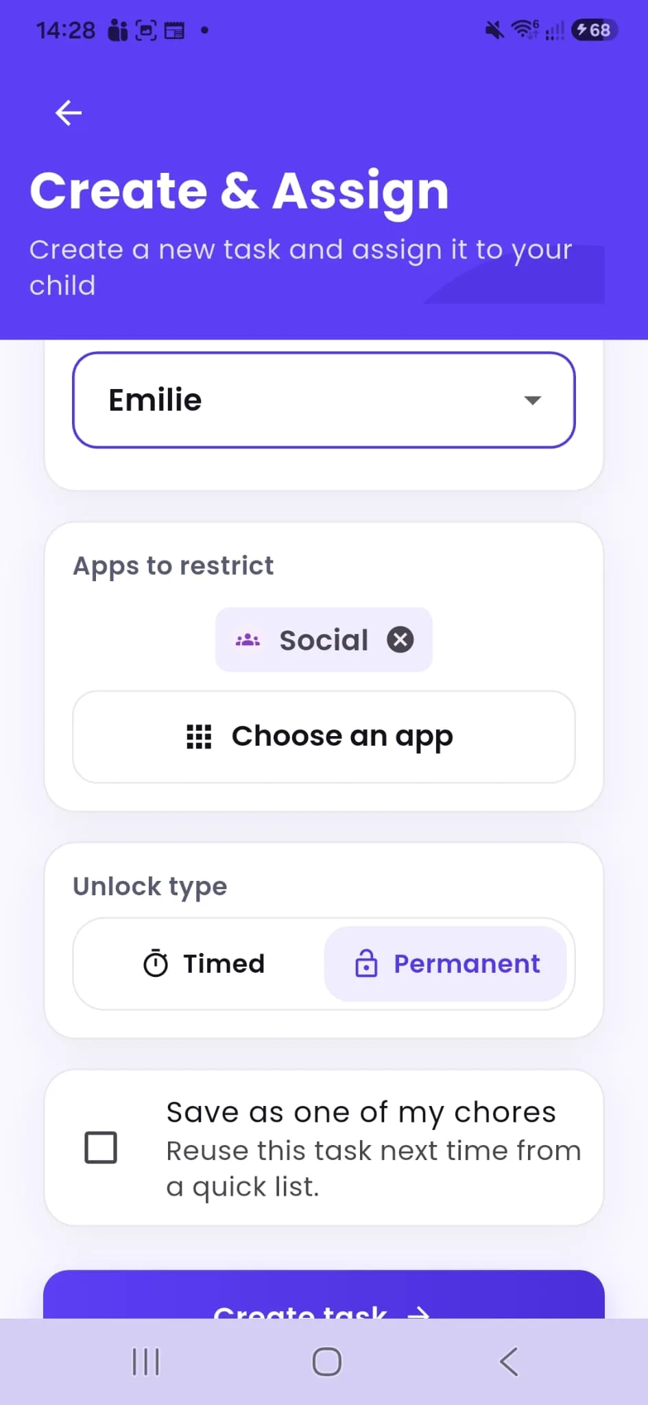 Tasks4Access Create and Assign screen on Android with task name Take Rubbish Out, assigned to Emilie, Social category selected, and Permanent unlock chosen