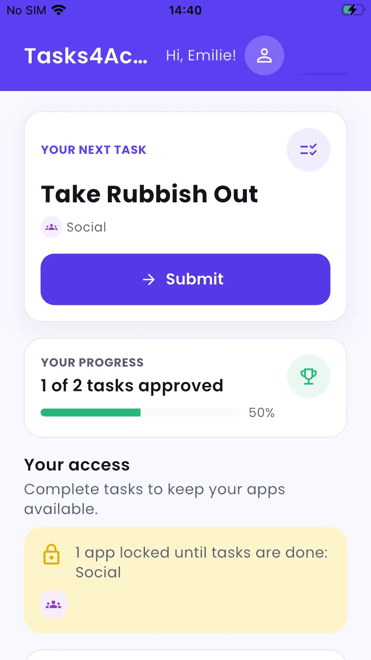 Tasks4Access on iPhone showing Hi Emilie with Take Rubbish Out as the next task and Social listed as a locked category