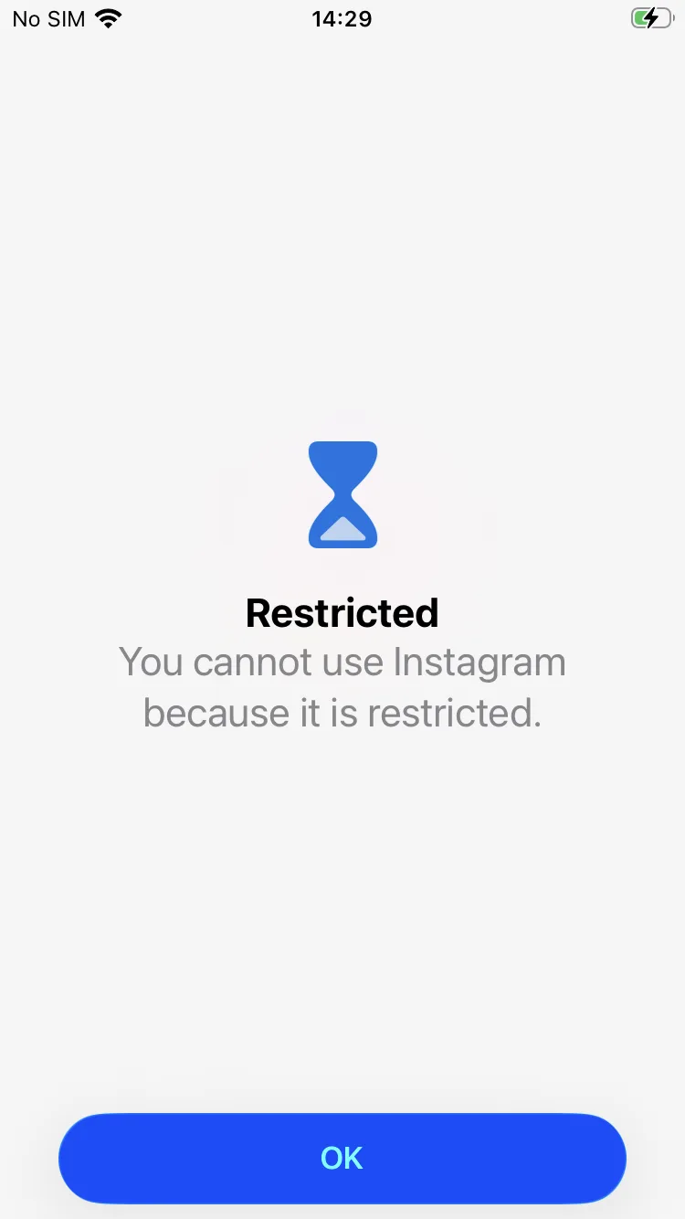 Apple's own Screen Time Restricted shield on iPhone, reading You cannot use Instagram because it is restricted