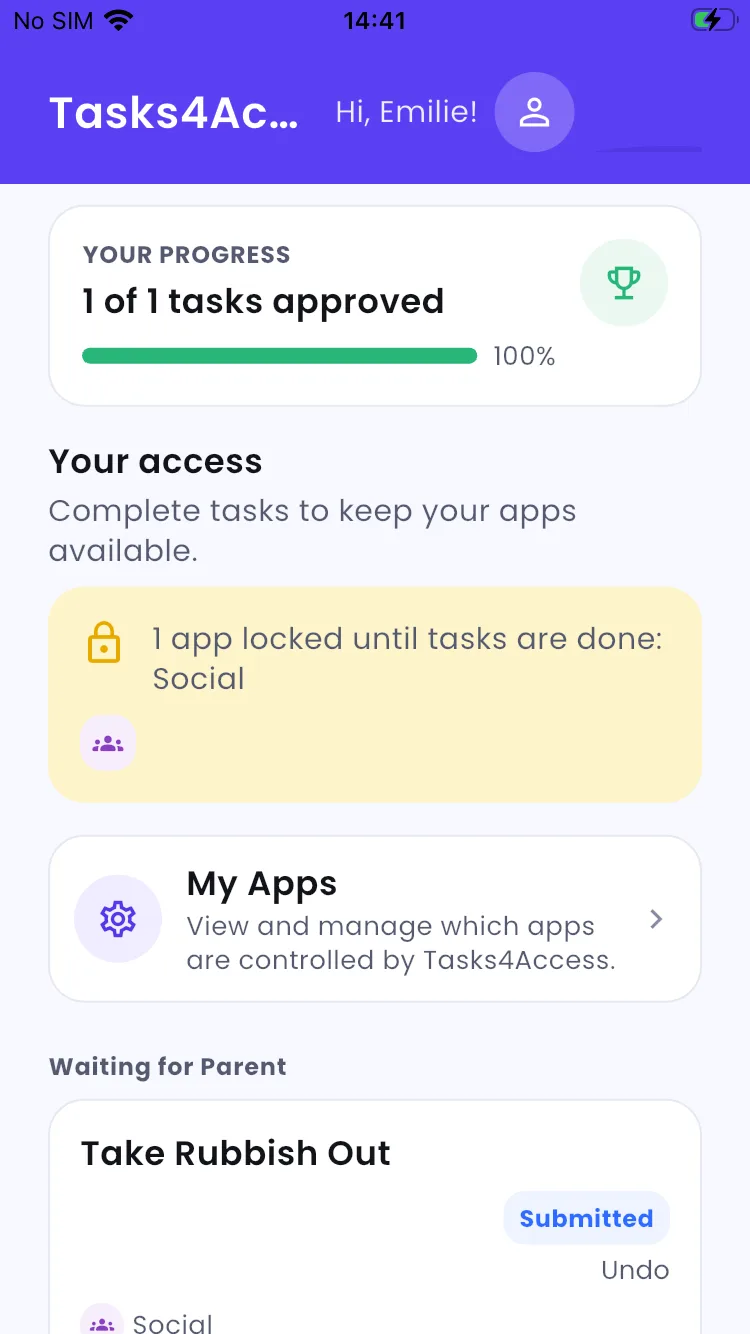 Tasks4Access on iPhone showing Take Rubbish Out marked Submitted under Waiting for Parent
