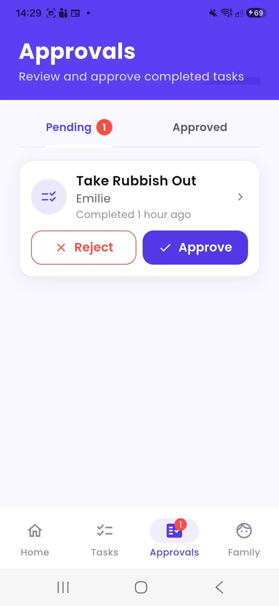 Tasks4Access Approvals tab on Android showing Take Rubbish Out for Emilie waiting for review, with a Pending count badge