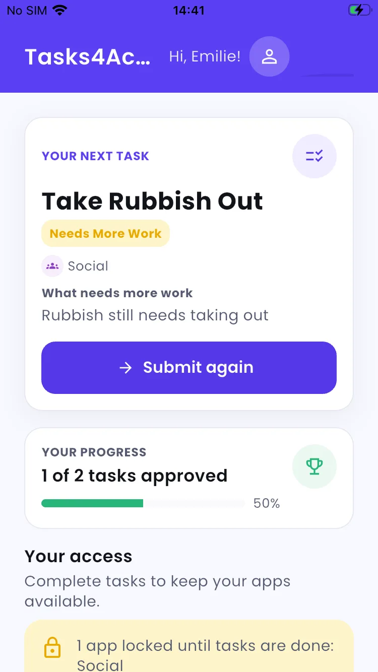 Tasks4Access on iPhone showing Take Rubbish Out marked Needs More Work with the note Rubbish still needs taking out and a Submit again button