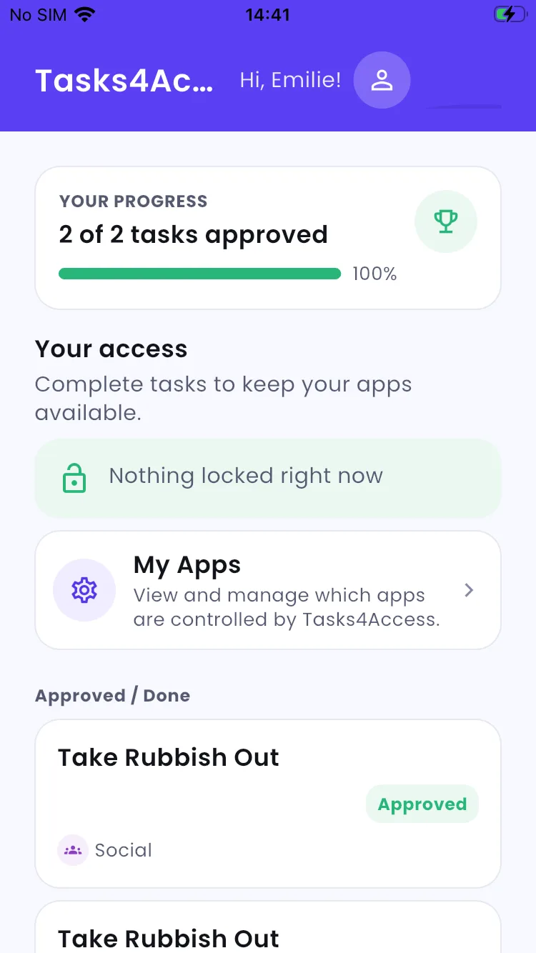 Tasks4Access on iPhone showing 2 of 2 tasks approved and Nothing locked right now