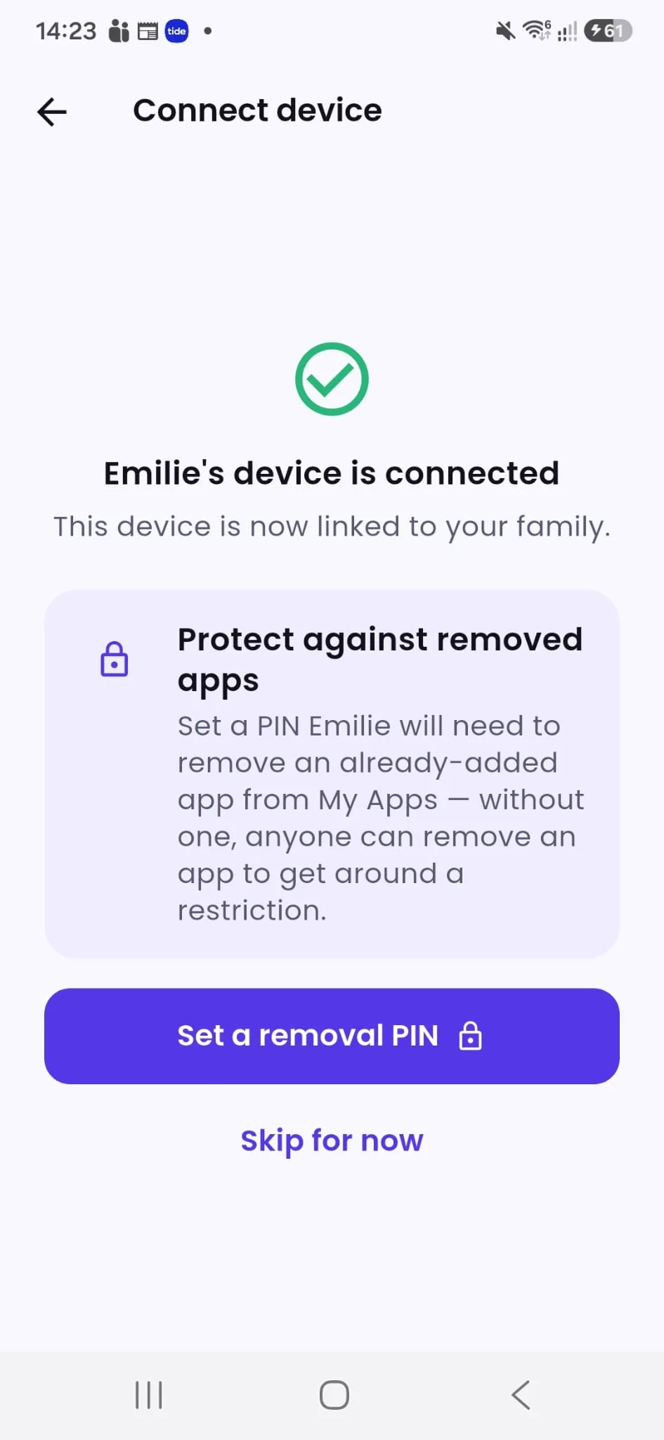 Tasks4Access on Android showing Emilie's device is connected, with a Set a removal PIN option and a Skip for now link