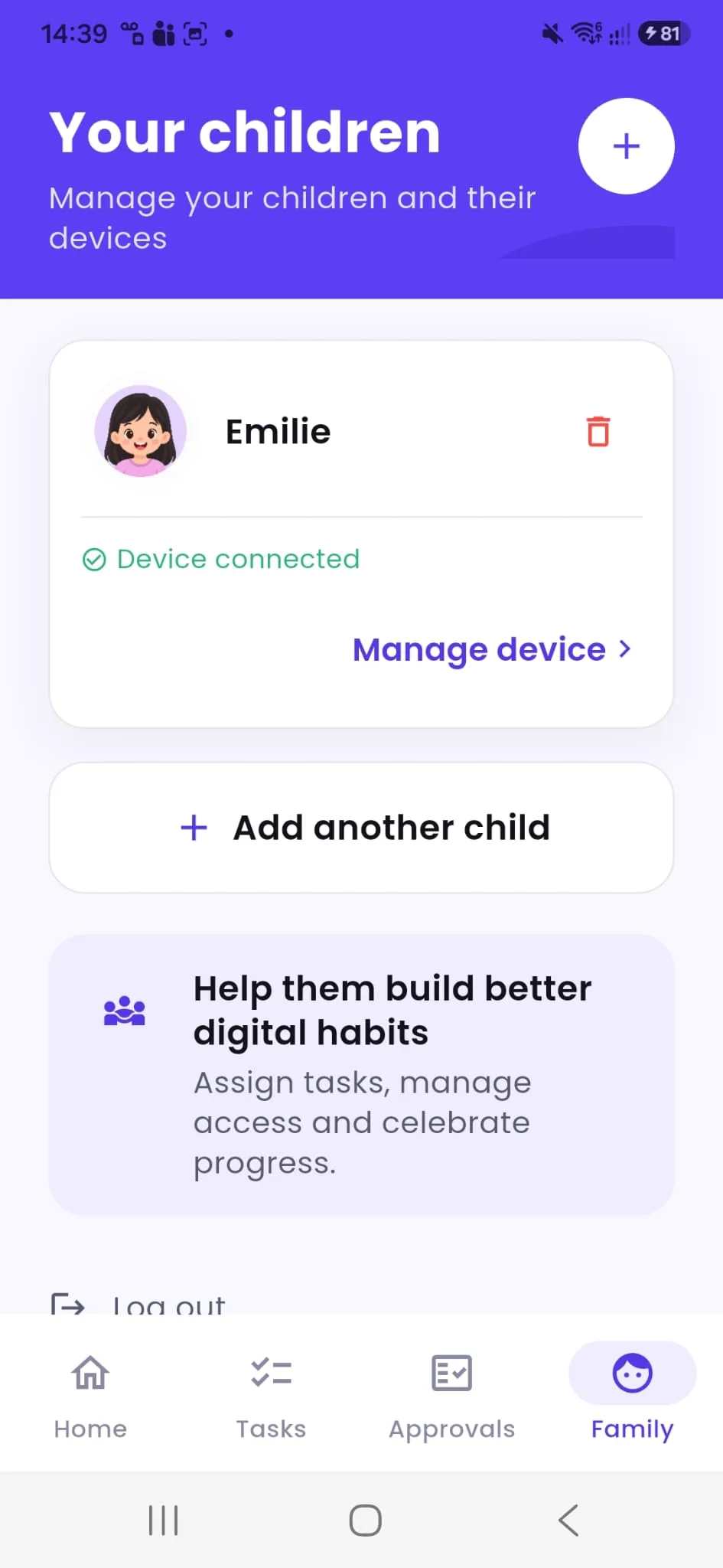 Tasks4Access on Android, Your children screen showing Emilie with a Device connected status