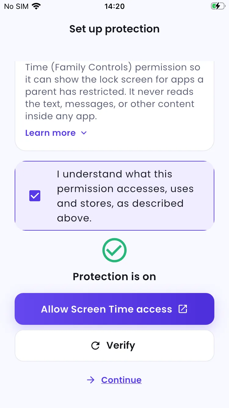 Tasks4Access on iPhone showing the Screen Time permission explanation with the checkbox confirmed and Protection is on